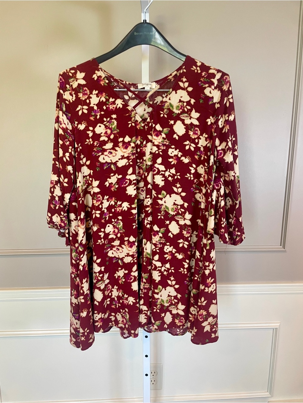 Umgee Large Boho Bell Sleeve Tunic Shirt Blouse Top Wine Red Floral
